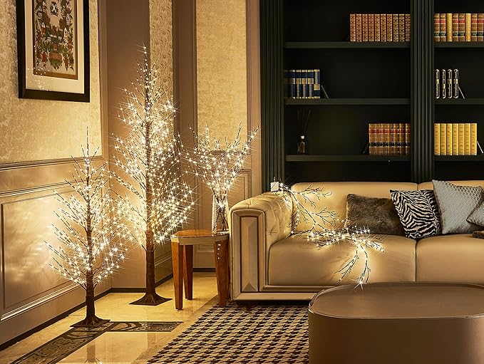 LITBLOOM Lighted Willow Branches Silver Glittered 32IN 120 LED with Timer Battery Operated and USB Plug in, Tree Branch with Fairy Lights for Home Room Christmas Decoration