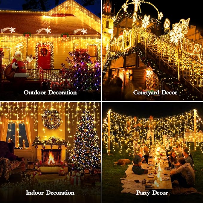 480 LED 49FT Christmas Lights Plug in 8 Modes with Timer Dimmable Ice Lights Outdoor Waterproof Indoor Ice String Lights for Roof Porch Garden Holiday Wedding Xmas Decor (Warm White)
