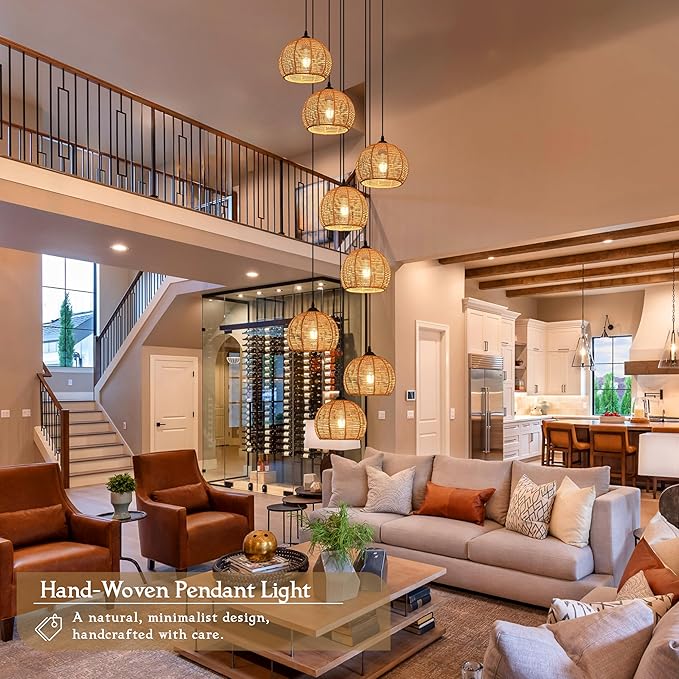 8-Light Woven Foyer Chandeliers for High Ceiling H100",8 Dome Boho Rattan Pendant Lights Farmhouse Ceiling Light,rustic Hemp rope Light Fixture For Living Room Hallway Staircase Entryway (Bulb Incl.
