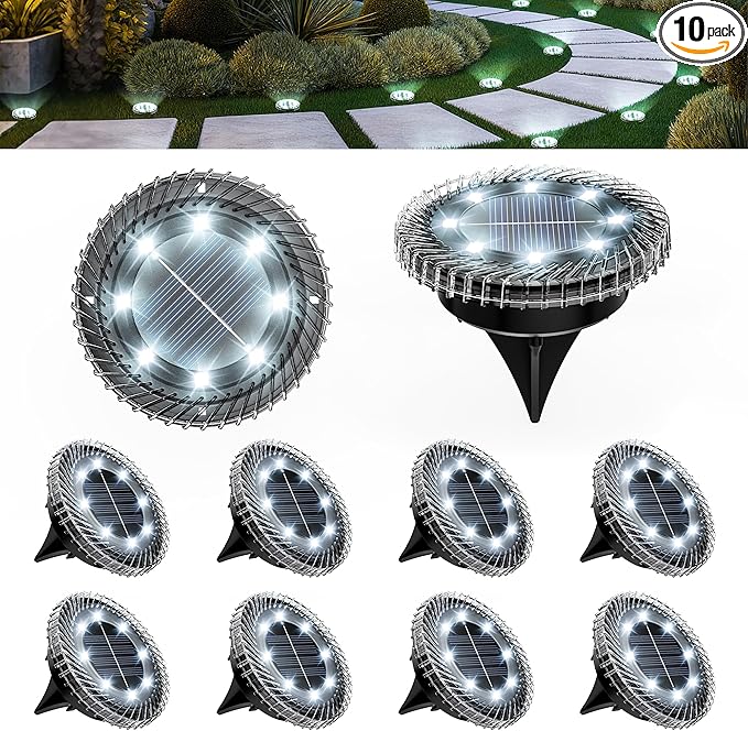 10 Pack Small Solar Ground Lights, Pathway Lights Waterproof, Outdoor Solar Light for Garden, Driveway, Walkway, Backyard (Cool White)