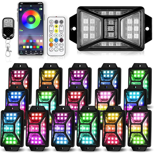 16 Pods Full Angle RGB Rock Lights, App/Remote Control Chasing Led Rock Lights with Music Mode Waterproof Multi-Color, Compatible with 12V Trucks Jeep UTV SUV ATV Off Road Golf Cart