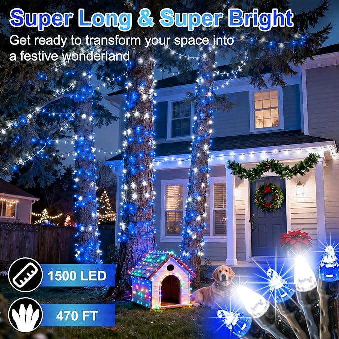 1500 LED 470FT Christmas String Lights Outdoor, 12 Pro Modes and Timer Memory & Brightness, Plug in Waterproof Dark Green Wire Twinkle Light for for Xmas Yard Tree Wedding Party Decor (Blue & White)