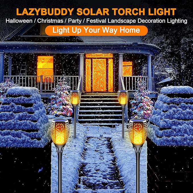Solar Tiki Torches Outdoor Flickering Flame 4 Pack - Realistic Flaming Fire Effect Torch Lights, 3-in-1 Waterproof Detachable Hanging Lantern - Auto On/Off for Patio, Yard, Pathway Decor