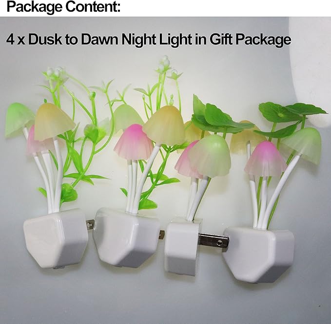 AUSAYE 4Pack Sensor LED Plug in Night Light for Adults Kids , Color Changing Cute Mushroom Flower Wall Lamp for Bedroom,Bathroom,Stairs,Kitchen,Corridor