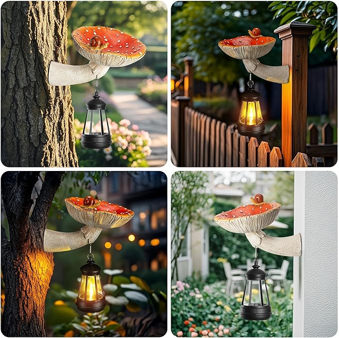 Mushroom with Snail and Lantern Cute Solar Statue Light Garden Decoration Resin Decoration Painted Design Craft Ornament for Indoor Outdoor Gift(Red)