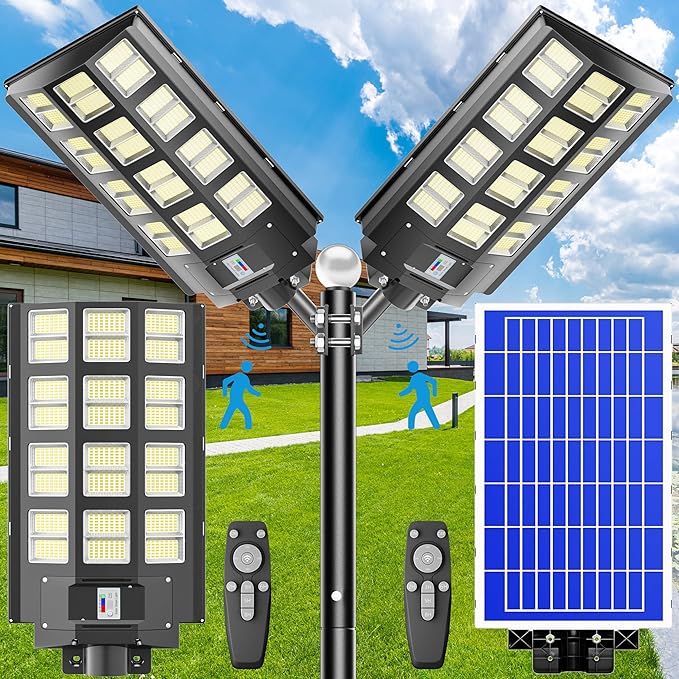 2-Pack Solar Street Lights Outdoor Waterproof, 8000W Solar Light Outdoor Dusk to Dawn, 240000LM 7000K Flood Light Motion Sensor for Garden/Yard/Parking Lot Lighting