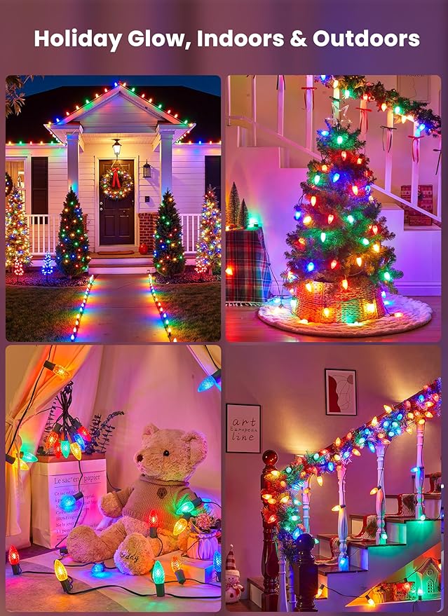 C9 Christmas Pathway Lights Outdoor, 25.7 Feet 20 LED C9 Strawberry Walkway Lights with Marker Stakes, Connectable Shatterproof C9 String Lights for Outside Yard Decorations, Multicolored, 2 Pack