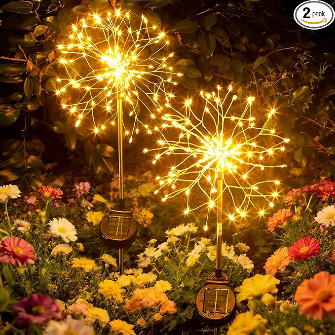 Solar Garden Lights Outdoor Yard Decorations, 2 Pack 150Leds Pathway Lights Stake, Fairy Firework Light for Garden, Patio, Pathway, Flowerbed Gold Color