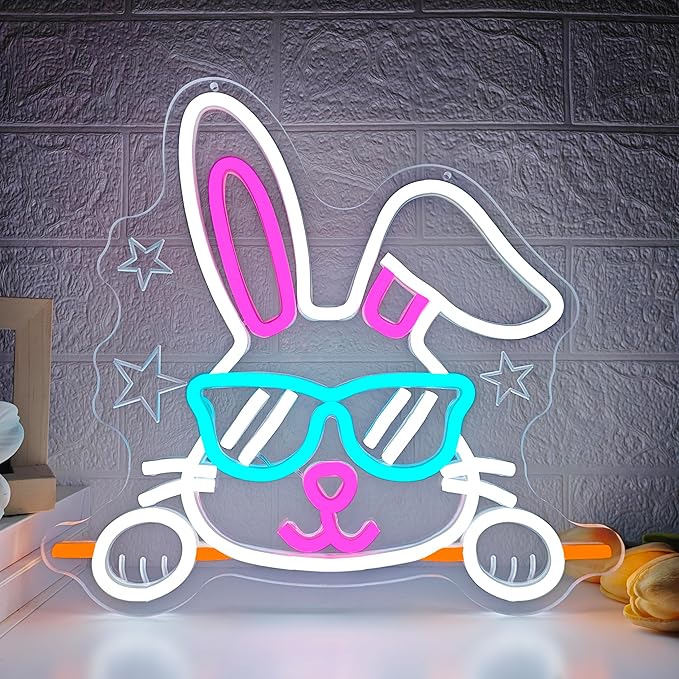 Bunny Neon Sign Happy Easter Neon Light for Home Dimmable Easter Decorations Neon Wall Art Glasses Rabbits LED light Sign for Bar Office Shop Bunny Window Lights Glow in The Dark Bunny