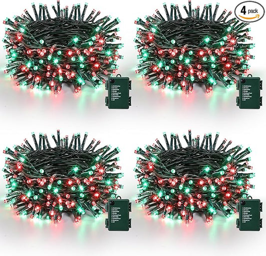 Lomotech Battery Operated Christmas Lights - 4 Pack Total 66ft 200LEDs String Lights 8 Modes Waterproof with Timer for Home, Garden, Party, Holiday, Tree Decoration (Green Wire, Red & Green）