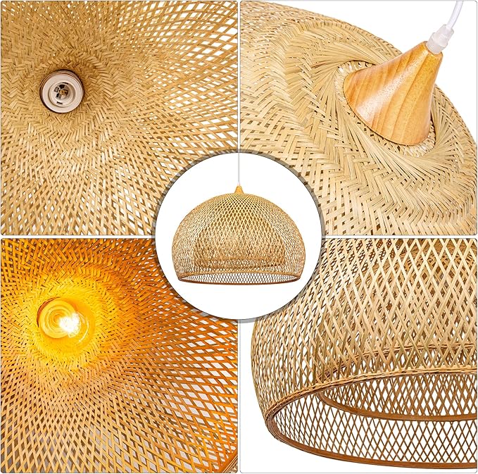 Arturesthome 23.6" Weaving Bamboo Pendant Light for Kitchen Island, Wicker Chandelier, Handmade Woven Hanging Ceiling Light Lampshade for Living Room Bedroom