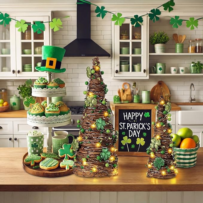 Soulchen 2 Pcs St. Patrick's Day Rattan Cone Tree Table Centerpieces Decorative Rattan Table Tree with Shamrock and Berries LED Lights for Irish Home Shelf Festival Indoor Outdoor Party Decoration