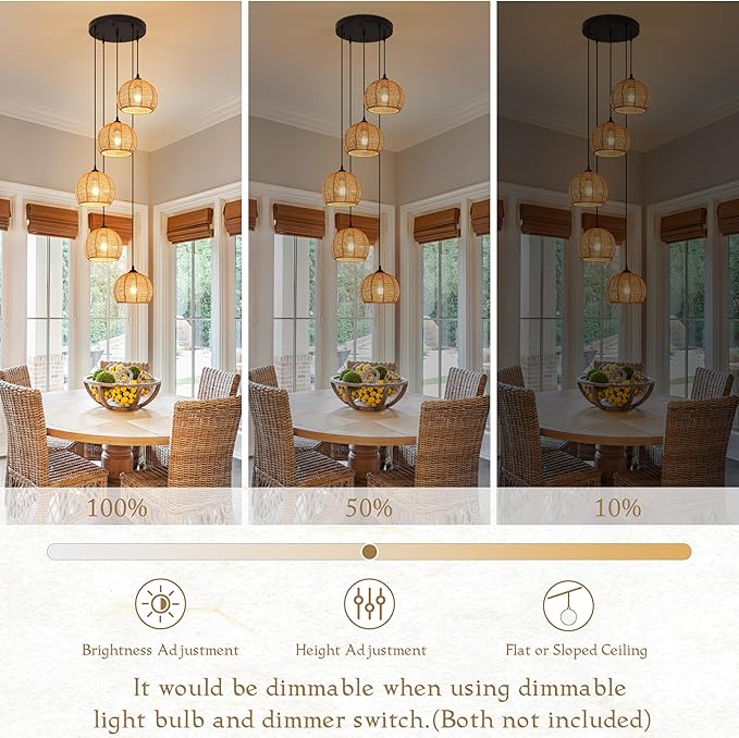 5-Light Woven Foyer Chandeliers for High Ceiling,5 Dome Boho Rattan Pendant Light Farmhouse Wicker Ceiling Light,rustic Hemp rope Light Fixture For Living Room Hallway Staircase Entryway(Bulb Incl.