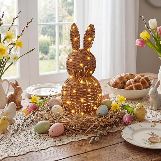 Thyle 1 Pcs Neutral Easter Rattan Bunny Decoration, 13.8 Inch Morden Woven Rabbit Tabletop Centerpiece with 3.28 FT String Light, Rabbit Ornament for Mantel Fireplace Easter Home Tiered Tray Decor