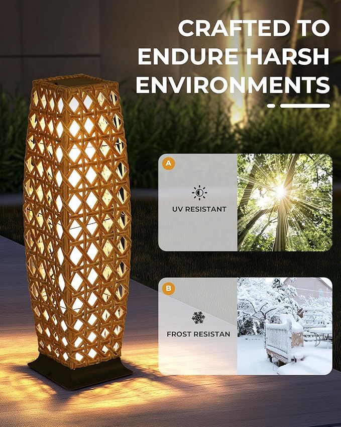 GREEN MORE Rattan Solar Patio Lights,50 Lumen Auto-On/Off Outdoor Floor Solar Lamp, IP65 Waterproof with 8H Runtime for Garden Pathways & Landscape Lighting