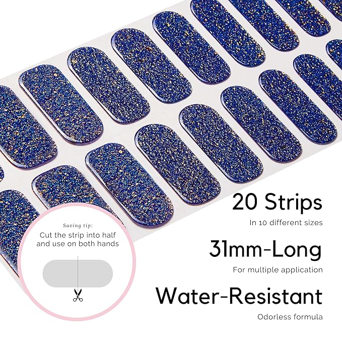 NAILOG Semi Cured Gel Strips - 20 Pcs Nail Stickers | Buy 2 Get 1 UV Light | Extra Long Wraps With Glossy Gel Finishing Glitter, Blue Glam