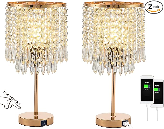 Crystal Table Lamps Set of 2, Gold Lamps for nightstand with 2 USB Charging Ports, 3-Way Touch Dimmable Crystal Desk Lamp, Gold Bedside Lamp with Elegant Shade for Bedroom, Living Room