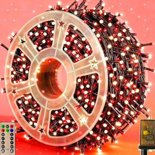 Christmas Lights 500LED 164FT, Waterproof Christmas Tree Lights with 8 Modes, Remote Control 3 Timers & Memory Function Xmas Decorations for House and Holiday (White and Red)