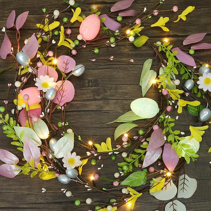 DR.DUDU 6 ft Easter Garland Decoration with Easter Eggs, Pre-Lit Artificial Hanging Floral Garland Spring Decor for Indoor Outdoor Home Kitchen Mantle Fireplace Holiday Party