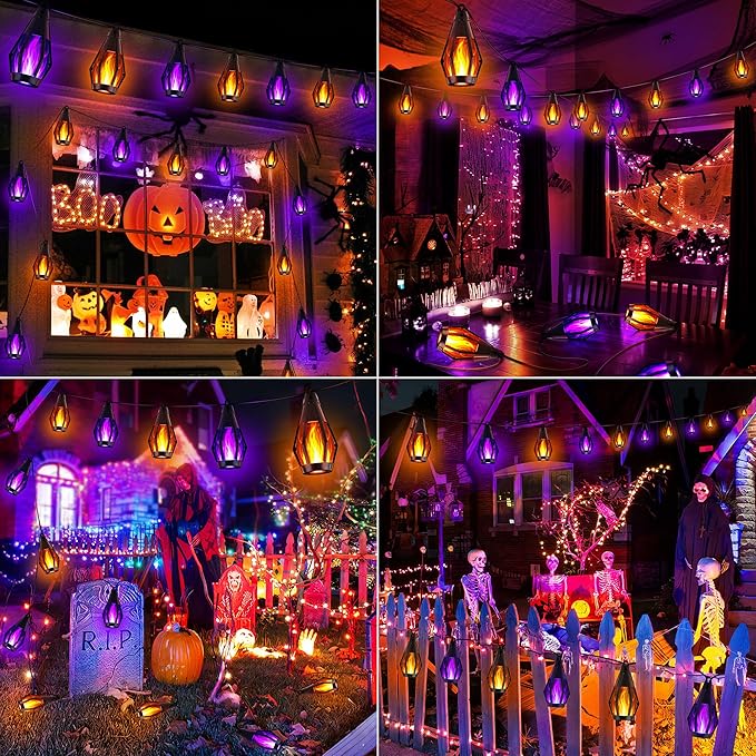 iBaycon Solar Halloween Lights, 42Ft 15 LED Bulbs Flickering Flame String Light, Outdoor Waterproof Solar Flame Lights for Garden Yard Patio Halloween Decorations (Warm White + Purple)
