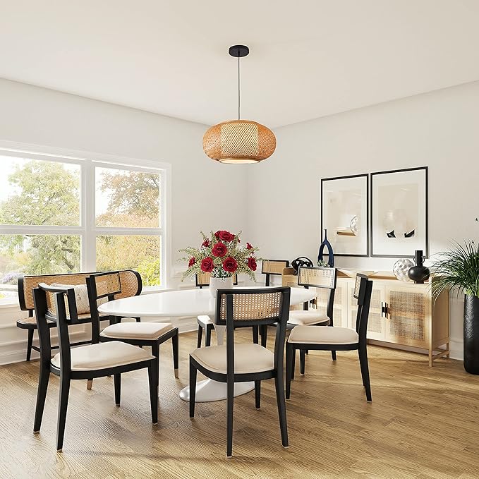 Bamboo Pendant Light Basket Weave Hanging Light, 1 Light Elegant Rattan Chandelier for Kitchen Island Nursery (23")