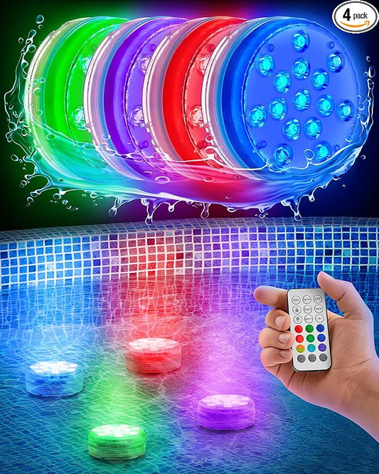 Yankee Submersible Pool Lights, Waterproof 15 Submersible LED Underwater Lights with Remote, 16 Colors, 3 Flash Modes, Timer, w/Suction Cups, Magnet, for Inground Pool (4 pcs)