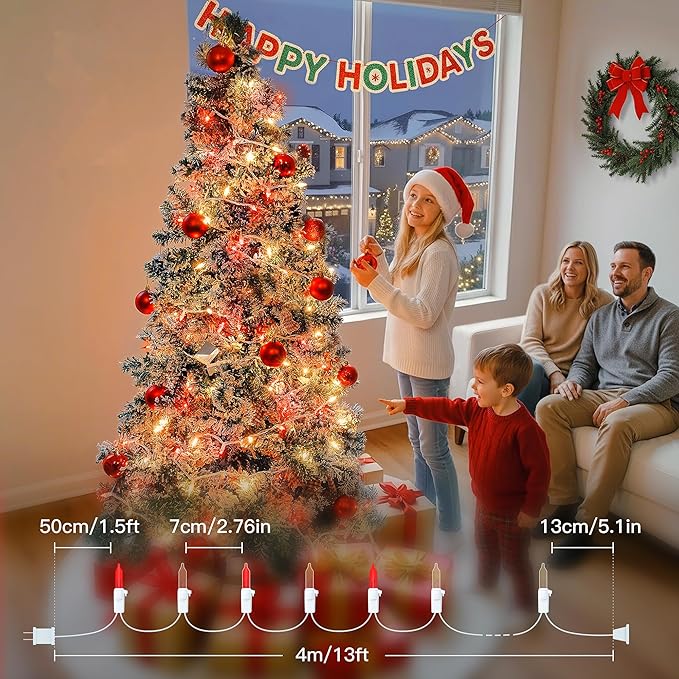 Hopolon 2PACK Red & Warm White Christmas Lights,50Count 13FT Christmas String Lights Mini Light with White Wire for Outdoor Indoor,Plug in for Xmas Party Patio Wedding Holiday Decor