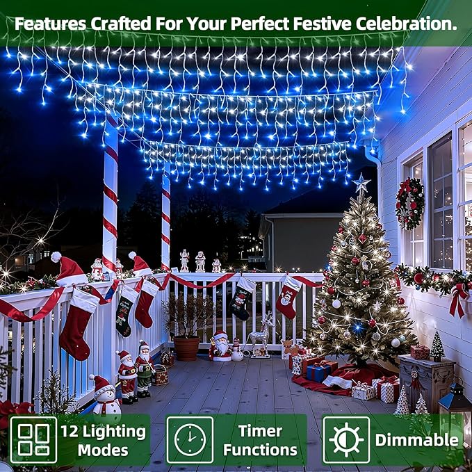 810 LED Christmas Lights with 180 Drops, 82ft 12 Modes Blue and White Fairy String Lights with Timer Dimmable, Waterproof Twinkle Lights for Christmas Indoor Outdoor Holiday Wedding Party Eaves Decor