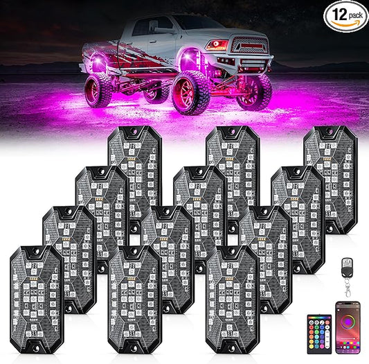 RGB Rock Lights, 12 pods Underglow Neon Lights Kits，APP/RF Remote Control & Music Mode, Waterproof Wireless Multicolor Lamps for Off Road Truck SUV ATV UTV Boat