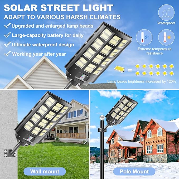loyoele Solar Street Light 8000W Outdoor Waterproof, Solar Outdoor LED Street Light 120000 Lumens 7000K Dusk to Dawn, LED Wide Angle Lamp with Motion Sensor, for Parking Lot, Yard 1-Pack