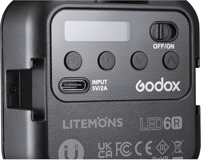 Godox Litemons RGB Pocket-Size LED Video Light, 3200–6500K CCT, RGB Color Modes, Built-in Battery, Magnetic Mount, Stackable Design (LED6R)