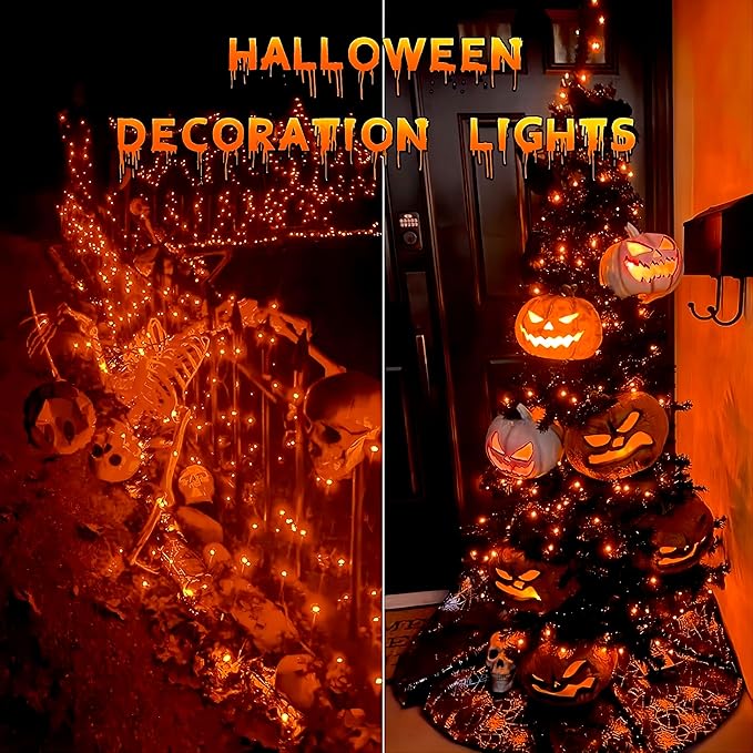YEGUO Orange Solar Thanksgiving Lights Outdoor Waterproof, 4 Pack Each 33ft 100 LED Solar Fairy Lights, 8 Modes Solar String Lights