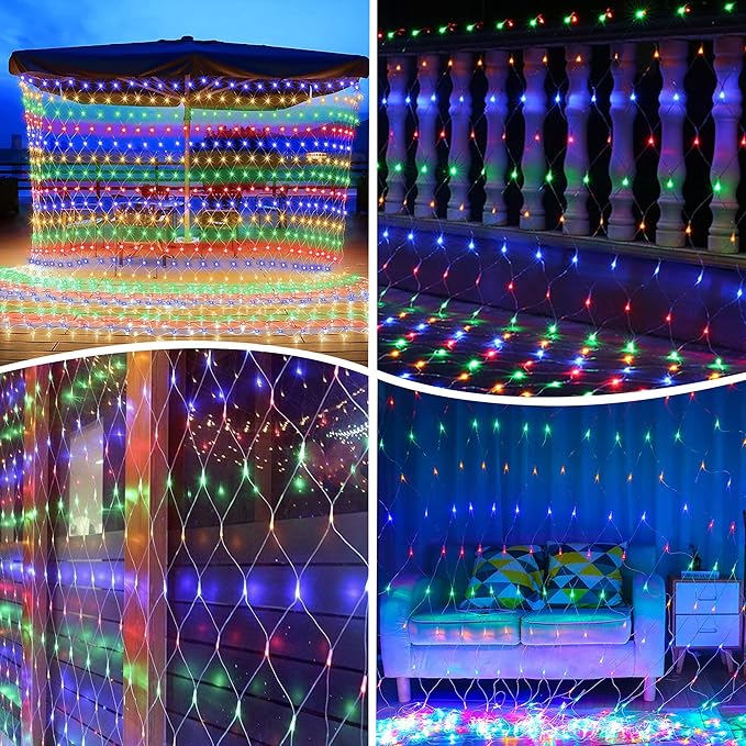 weillsnow 198 Led 9.8ft x 6.6ft 198 LED Net Lights, Connectable 8 Lighting Twinkle Modes Mesh Lights for Christmas Outdoor Patio Garden Bush Fence Decorations (Multi-Colored)