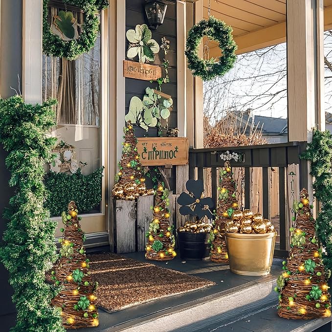 Soulchen 2 Pcs St. Patrick's Day Rattan Cone Tree Table Centerpieces Decorative Rattan Table Tree with Shamrock and Berries LED Lights for Irish Home Shelf Festival Indoor Outdoor Party Decoration