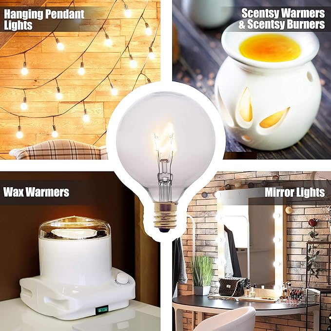 SouLight 25 Watt Wax Warmer Bulbs for Full Size Scentsy Warmer & Scentsy Burner - Replacement Light Bulbs. Incandescent E12 Socket w/Candelabra, Clear G16.5 (G50) - Pack of 6