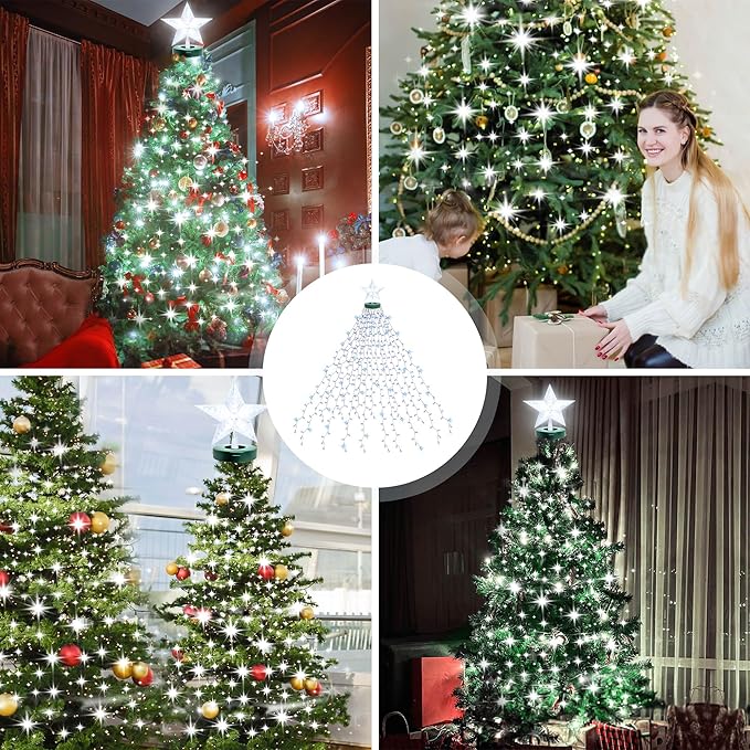 Aneeway Tree Lights with Star Toppers, 410 LED Lights with 8 Modes & Memory Function, 6.6FT x 16 String Lights, Remote Control & Timing for Christmas Ornaments - Cold White