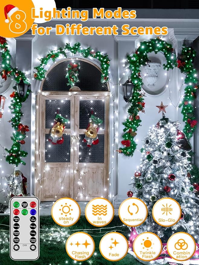 1000 LED 328 FT Outdoor String Lights with Remote and Timer, Dimmable with 8 Modes, Waterproof, Cool White Fairy Lights for Christmas Tree & Holiday Decor