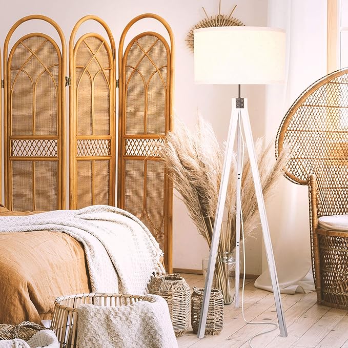 Brightech Eden Tripod Floor Lamp, Dimmable Standing Lamp with Solid Wood Legs for Bedroom Reading, Tall Tree Lamp for Offices, Modern LED Lamp for Living Rooms, Great Living Room Decor - Rustic Wood