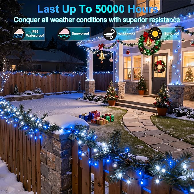 350LED 90FT Christmas Lights Indoor Outdoor, 12 Modes Blue and White Outdoor String Lights with Timer & Dimmable, Green Wire Christmas String Lightsfor Xmas Patio Yard Fence Wedding Bedroom Garden