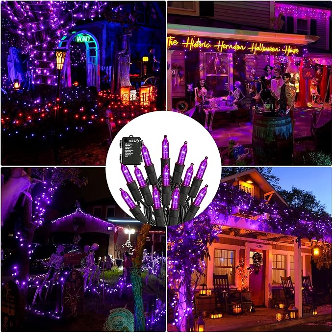 Battery Operated Halloween Lights, 2 Pack Total 100 LED 32FT Purple Halloween Lights Outdoor, Waterproof Mini String Tree Lights with 8 Modes, Halloween Decorations for Indoor Patio Garden Party Decor