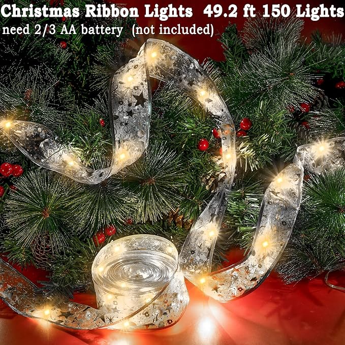 Minetom Christmas Tree Ribbon String Lights - 33ft 100 LED Battery Powered Fairy Lights with Timer