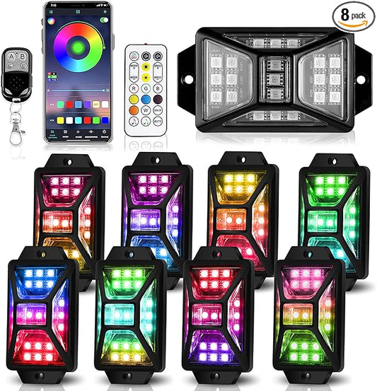 8 Pods Full Angle RGB Rock Lights Compatible with 12V Trucks Jeep UTV SUV ATV Boat Golf Cart, Waterproof, Multi-Color,Brake Light, App/Remote Control Led Rock Lights with Music Mode