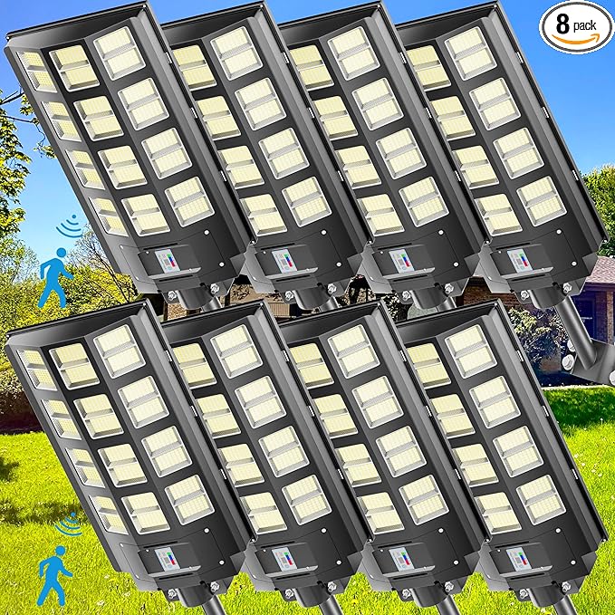 8-Pack 8000W Solar Street Lights Outdoor Waterproof, 1920000LM Dusk to Dawn Street Light Solar Powered, Wide Angle Lamp with Motion Sensor and Remote Control,Solar Parking Lot Light,ect.