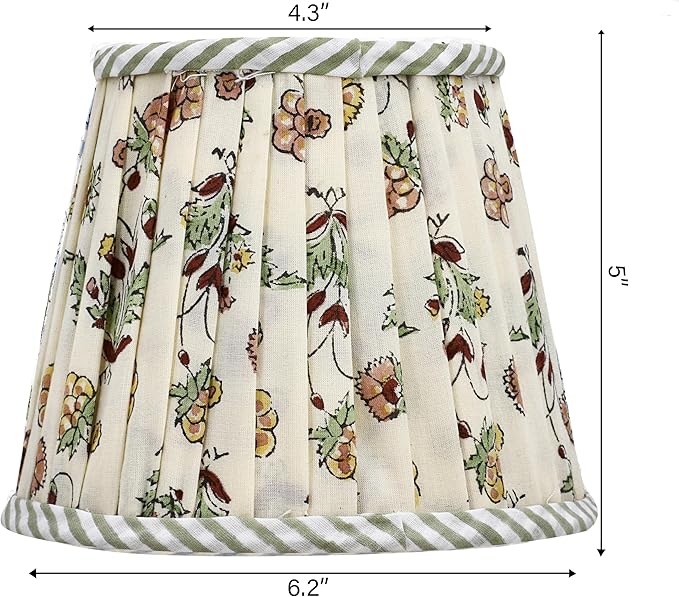 Ridhi Block Print Jasmine Yellow Lamp Shade 4" Top x 5" Bottom x 6" Slant Set of 2 Handmade Pleated Cotton Lampshade, Fits E26/E27 Base Table Lamps Boho Vintage Decorative For Bedroom, Living Room