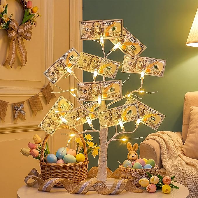 Woohaha 2FT Money Tree Gift Holder,24LED Lighted Birch Tree Table Centerpiece,Gift Card Tree Battery/USB Powered with 6 Clips and 6 Greeting Cards for Easter Decor,Party,Wedding,Birthday,Graduation