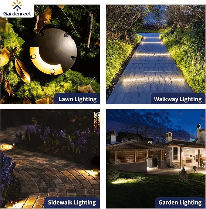 Gardenreet Brass In Ground Well Lights Kit(4 Pack) with 75W Low Voltage Transformer & MR16 Bulb & 100Feet Wire & Connectors, 12V LED Landscape Lighting for Outdoor Garden Walkway Path(1 Way Turret)