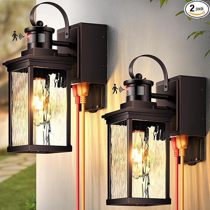 Outdoor House Lights Wall Mount with GFCI Outlet, Oil-Rubbed Bronze with Gold Trim Farmhouse Exterior Lighting Fixtures for Porch, Garage, 100% Aluminum Anti-Rust Front Door Light Motion Sensor