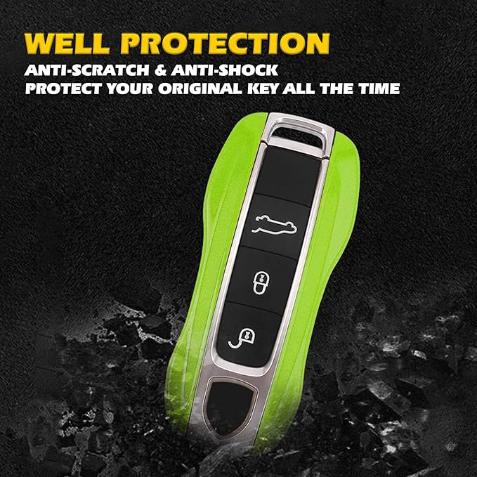 x xotic tech Green Fiber Style Key Fob Cover Smart Remote Case Side Blades Shell, Compatible with 2017-up Porsche Panamera, 2019-up Porsche Cayenne G2, 2020-up 911 Carrera Taycan