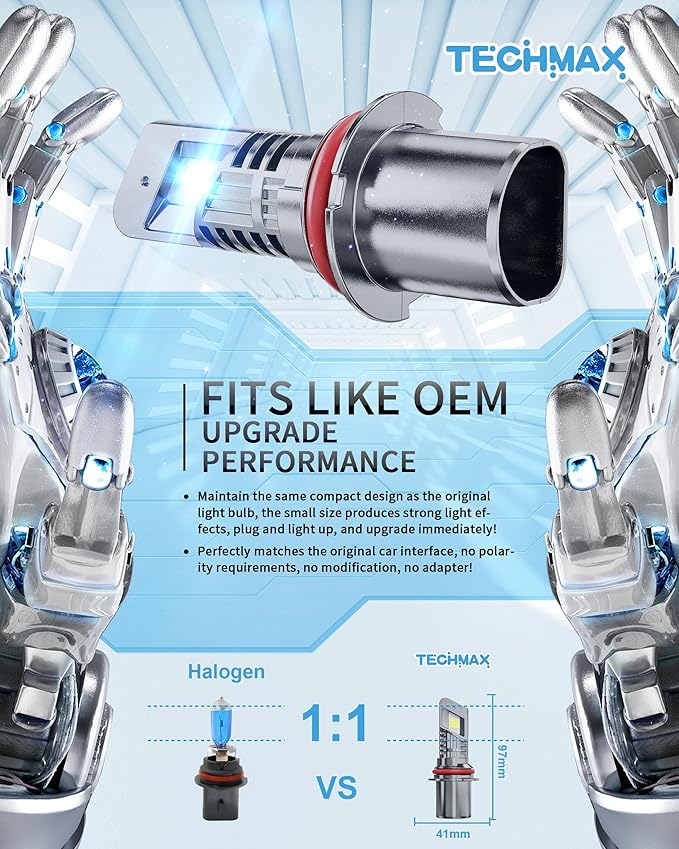 TECHMAX 9007 Light Bulbs, 9007 Fog Light Bulb w/Fan 600% Bright 6500K Wireless Direct Insertion Plug and Play, Pack of 2