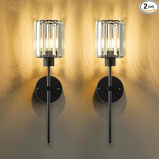 Hardwired Crystal Wall Sconces Set of Two - Dimmable Wall Light Fixtures 3000K, Warm White, for Hallway, Bathroom, Living Room, Bedroom, Black, 20.1 Inch